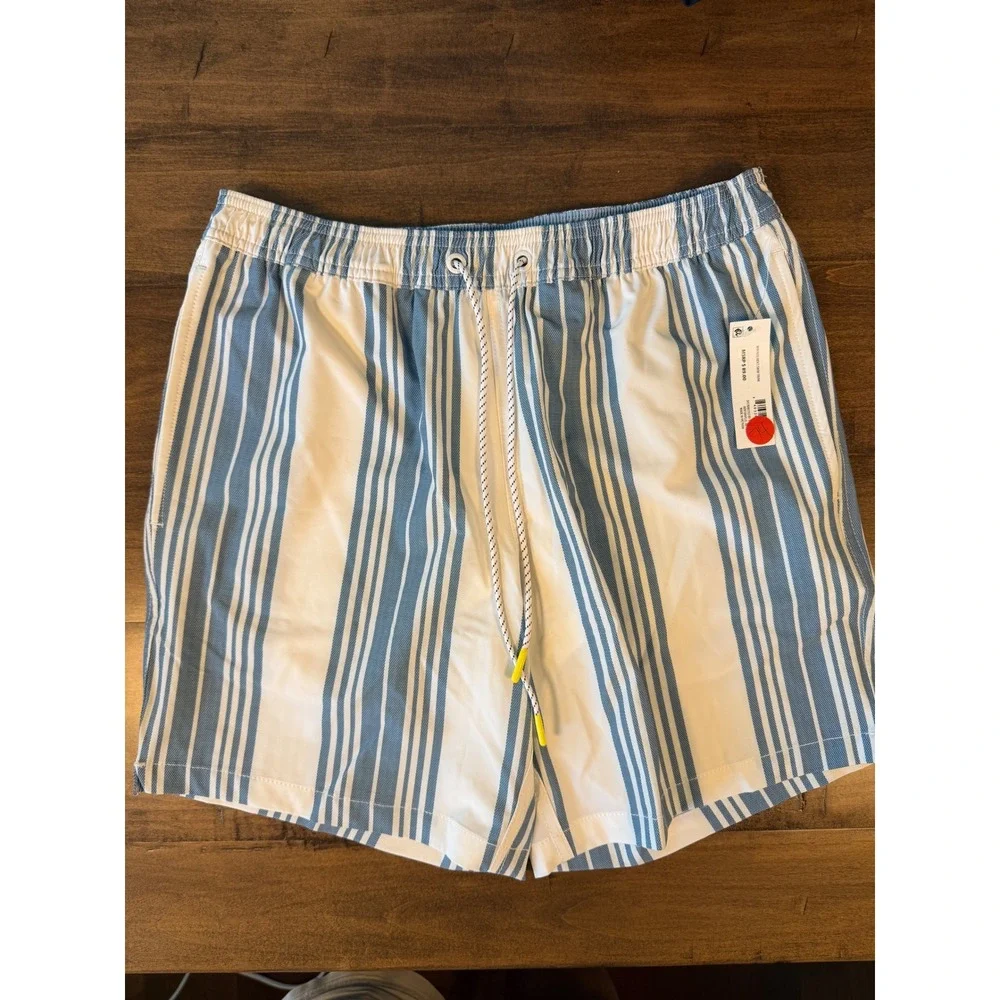 Bonobos Mens Swim Trunks Blue White Vertical Stripe 7 Inch Inseam Size Small NWT